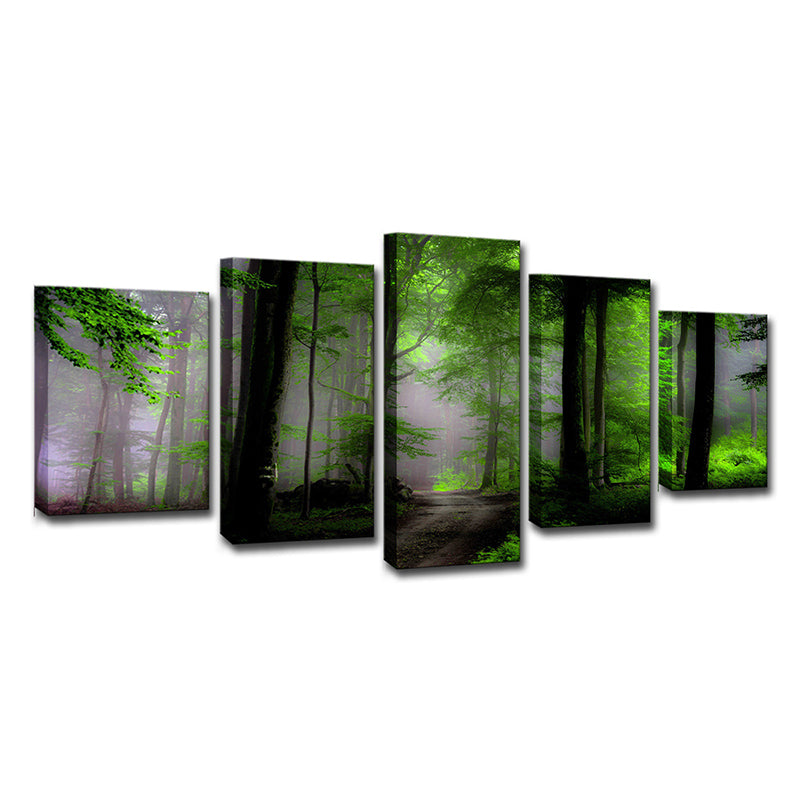 Vivolux | Dawn Forest View Wandkunst Hedendaagse Rustige Natuurlijke Landschap Canvasprint in Groen