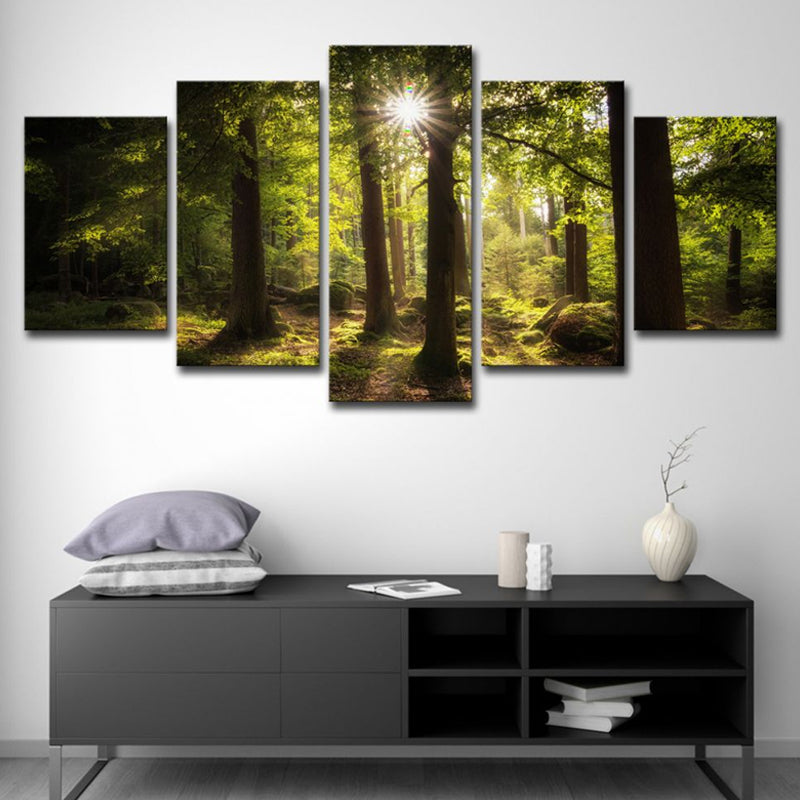 Vivolux | Zon Schijnt Door Het Bos Canvas Hedendaagse Multi-Stuk Wanddecoratie Afdruk In Groen