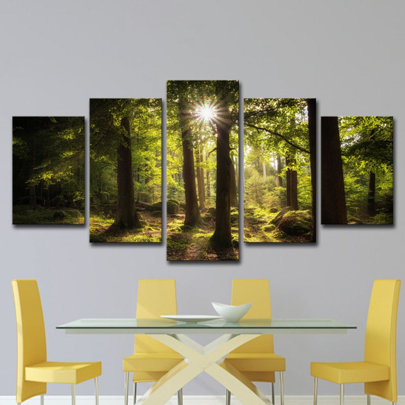 Vivolux | Zon Schijnt Door Het Bos Canvas Hedendaagse Multi-Stuk Wanddecoratie Afdruk In Groen
