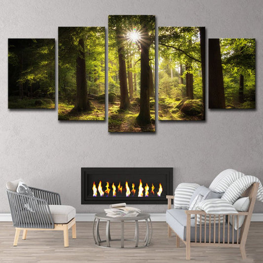 Vivolux | Zon Schijnt Door Het Bos Canvas Hedendaagse Multi-Stuk Wanddecoratie Afdruk In Groen