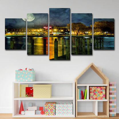 Vivolux | Gelbe Urban Canvas Druck Riverside Stadt Nacht mit Super Mond Landschaft Wandkunst für Zimmer