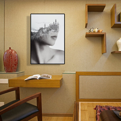 Vivolux | Gemischte Medien Vintage-Leinwandwandkunst mit Frauen- und Bergschlossmuster in Grau