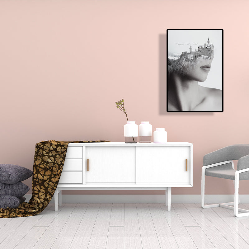 Vivolux | Gemischte Medien Vintage-Leinwandwandkunst mit Frauen- und Bergschlossmuster in Grau