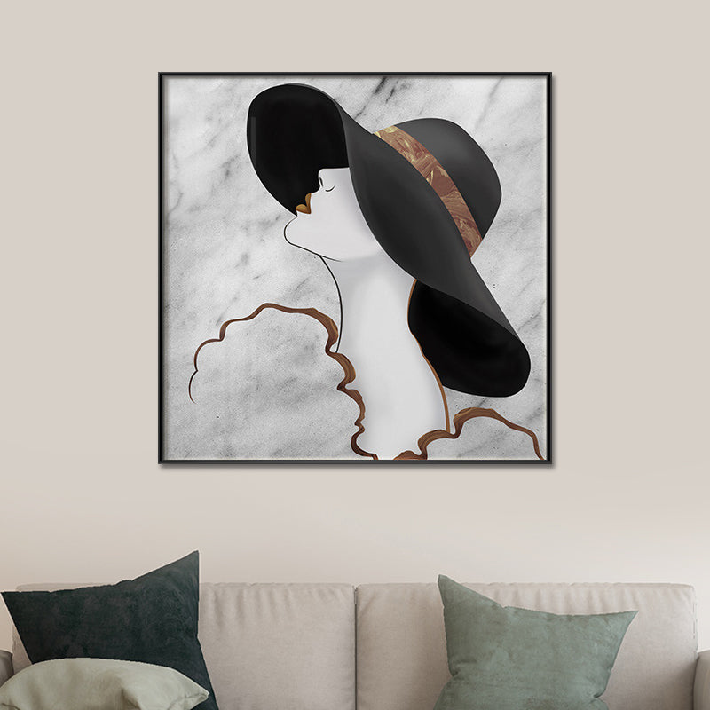 Vivolux | Frau im Floppy Hat Leinwandkunst Glam Elegante Figur Wanddekoration in Schwarz für das Mädchenzimmer
