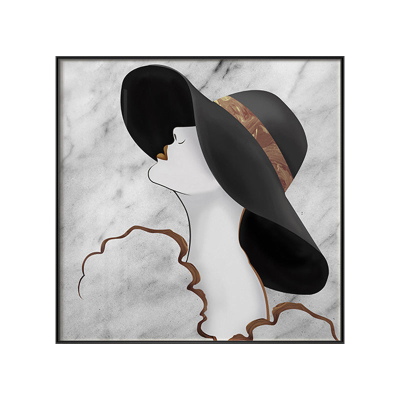 Vivolux | Frau im Floppy Hat Leinwandkunst Glam Elegante Figur Wanddekoration in Schwarz für das Mädchenzimmer