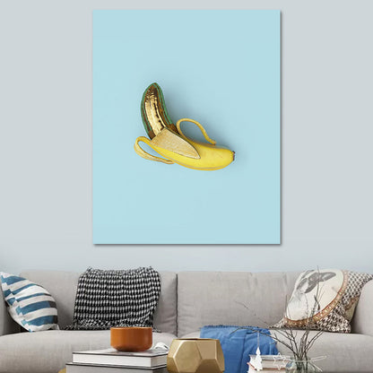 Vivolux | Gerissene Banane Wanddekoration Minimalismus Leinwand Wandkunst Druck in Gelb auf Blau für Zimmer
