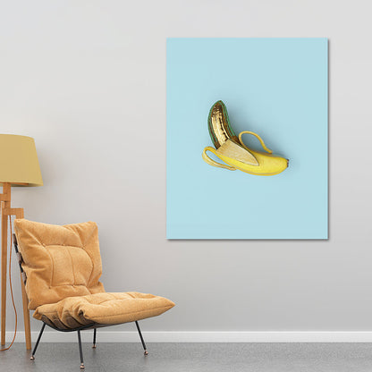 Vivolux | Gerissene Banane Wanddekoration Minimalismus Leinwand Wandkunst Druck in Gelb auf Blau für Zimmer