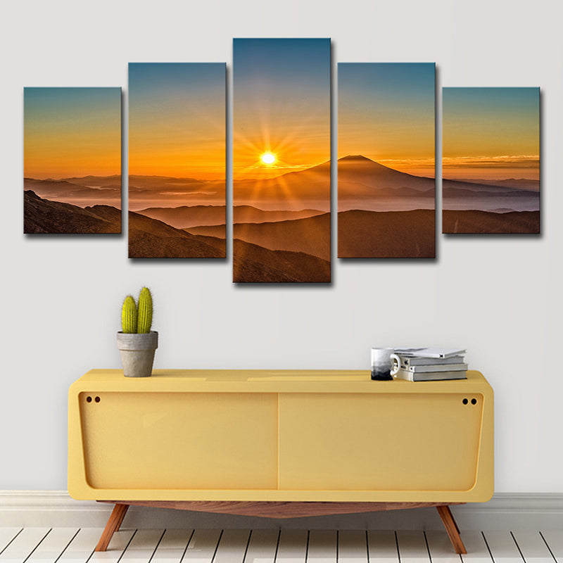 Vivolux | Sonnenuntergang Berglandschaft Leinwandkunst Mehrteilig Moderne Wohnzimmer Wanddekoration in Gelb