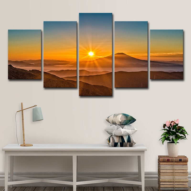 Vivolux | Sonnenuntergang Berglandschaft Leinwandkunst Mehrteilig Moderne Wohnzimmer Wanddekoration in Gelb