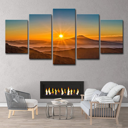 Vivolux | Sonnenuntergang Berglandschaft Leinwandkunst Mehrteilig Moderne Wohnzimmer Wanddekoration in Gelb
