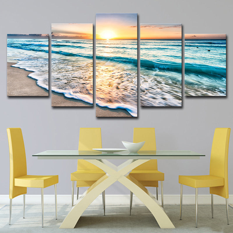 Vivolux | Sonnenuntergang Strand Welle Kunstdruck Ozean-Blau Leinwand Wanddekoration für das Esszimmer, Mehrteilig