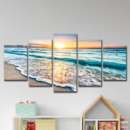 Vivolux | Sonnenuntergang Strand Welle Kunstdruck Ozean-Blau Leinwand Wanddekoration für das Esszimmer, Mehrteilig
