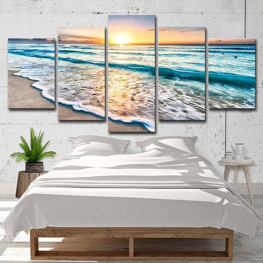 Vivolux | Sonnenuntergang Strand Welle Kunstdruck Ozean-Blau Leinwand Wanddekoration für das Esszimmer, Mehrteilig
