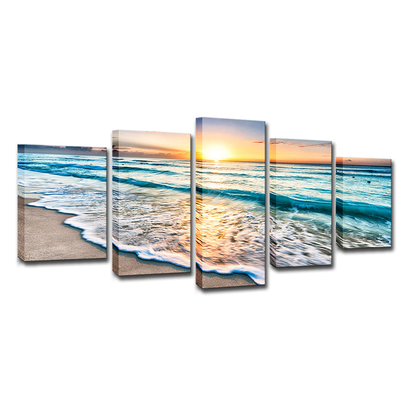 Vivolux | Sonnenuntergang Strand Welle Kunstdruck Ozean-Blau Leinwand Wanddekoration für das Esszimmer, Mehrteilig