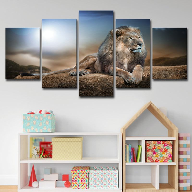 Vivolux | Wild Beast Löwe Wandkunst Druck Zeitgenössische Mehrteiliges Leinwand in Braun und Blau