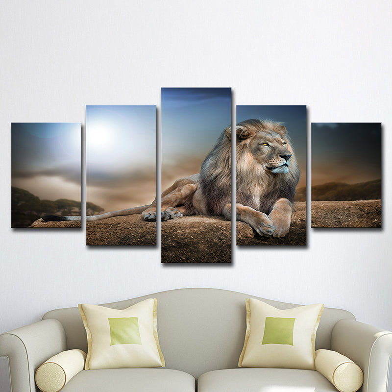 Vivolux | Wild Beast Löwe Wandkunst Druck Zeitgenössische Mehrteiliges Leinwand in Braun und Blau