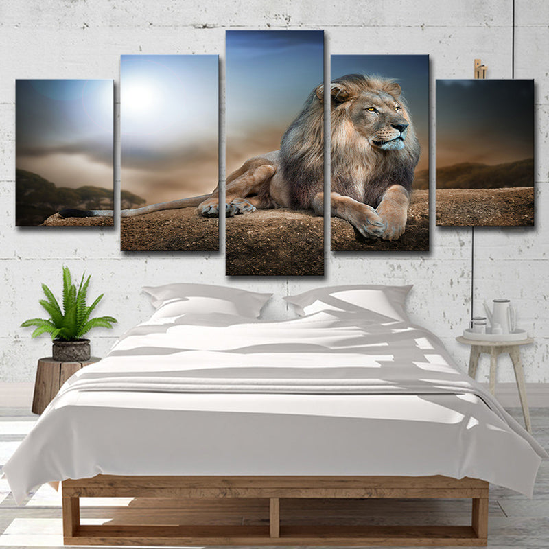 Vivolux | Wild Beast Löwe Wandkunst Druck Zeitgenössische Mehrteiliges Leinwand in Braun und Blau