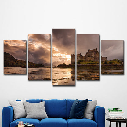Vivolux | Grauer Sonnenuntergang Landschaft Leinwand Kunst Eilean Donan Castle Modern Mehrteiliges Wanddeko