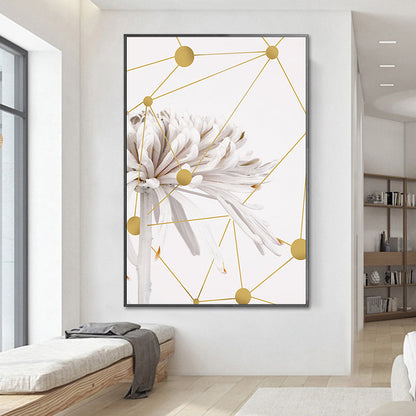 Vivolux | Modern Blooming Chrysanths Kunstdruck Weiß und Gold Geometrische Leinwand für das Wohnzimmer