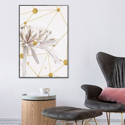 Vivolux | Modern Blooming Chrysanths Kunstdruck Weiß und Gold Geometrische Leinwand für das Wohnzimmer