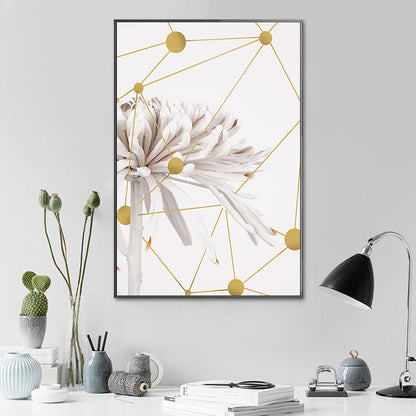 Vivolux | Modern Blooming Chrysanths Kunstdruck Weiß und Gold Geometrische Leinwand für das Wohnzimmer