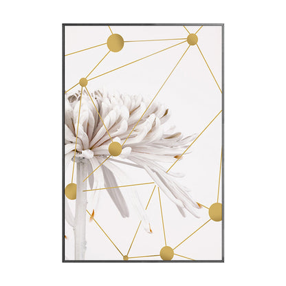 Vivolux | Modern Blooming Chrysanths Kunstdruck Weiß und Gold Geometrische Leinwand für das Wohnzimmer