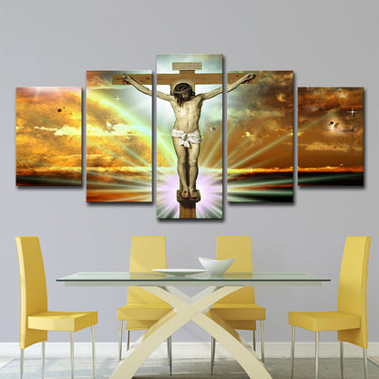Vivolux | Religion Wandkunst Orange Leinwand die Kreuzigung und Tod von Jesus Gemälde, mehrere Teile