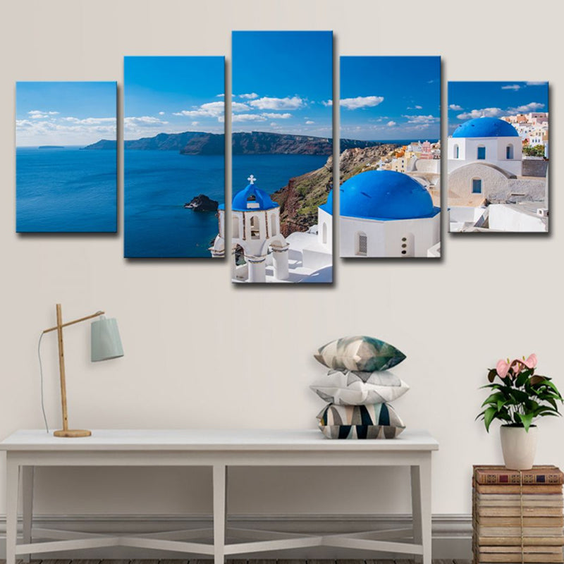 Vivolux | Foto Druck Griechische Santorini Leinwand Wandkunst für das Wohnzimmer. Blau und Weiß, Mehrteilig
