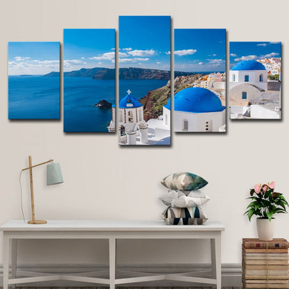Vivolux | Foto Druck Griechische Santorini Leinwand Wandkunst für das Wohnzimmer. Blau und Weiß, Mehrteilig