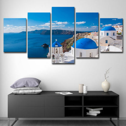 Vivolux | Foto Druck Griechische Santorini Leinwand Wandkunst für das Wohnzimmer. Blau und Weiß, Mehrteilig
