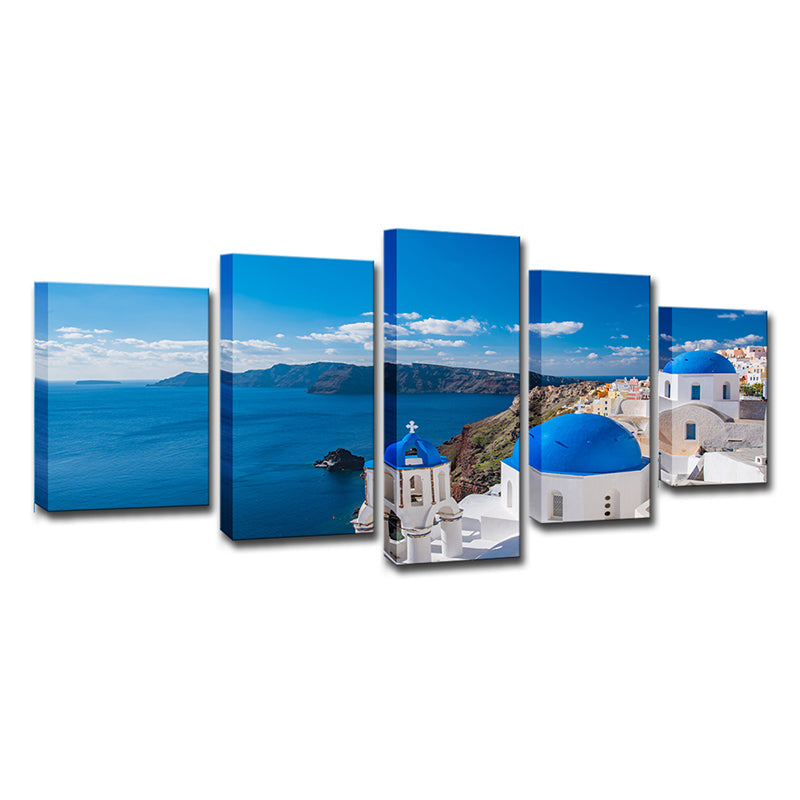 Vivolux | Foto Druck Griechische Santorini Leinwand Wandkunst für das Wohnzimmer. Blau und Weiß, Mehrteilig