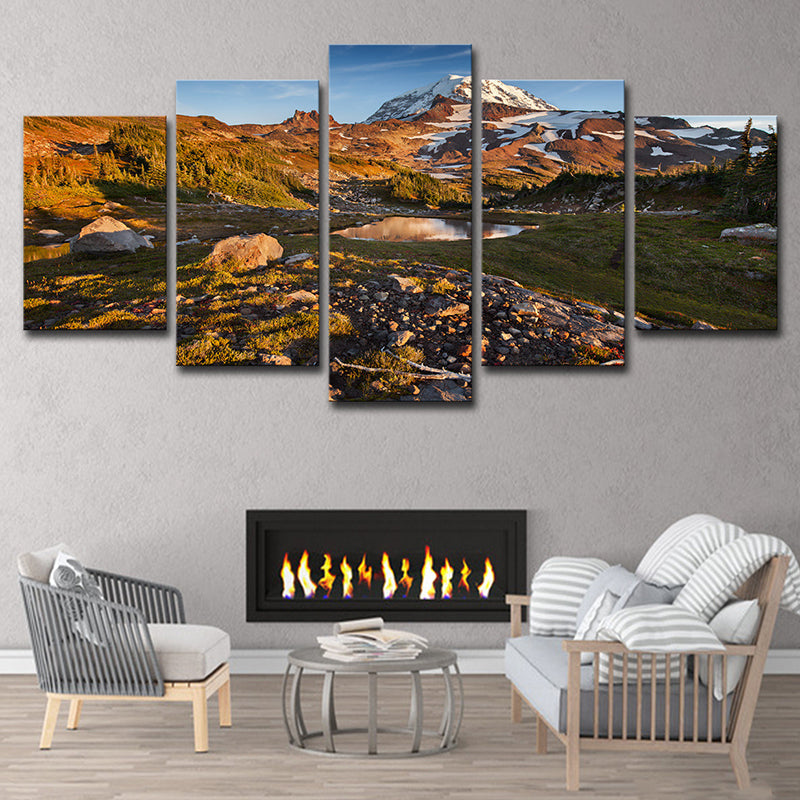 Vivolux | Leinwandbraune Wanddekoration Moderne Schnee schmelzende Mount Rainier Landschaft Kunstdruck für das Wohnzimmer