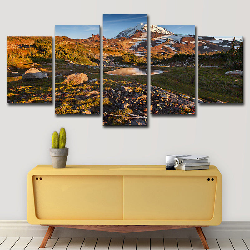 Vivolux | Leinwandbraune Wanddekoration Moderne Schnee schmelzende Mount Rainier Landschaft Kunstdruck für das Wohnzimmer
