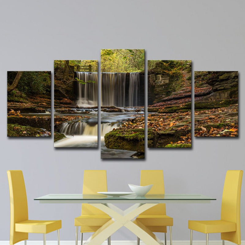 Vivolux | Wald Cascade Landschaft Wandkunst auf braunem Canvas Gemachte Wanddekoration, Mehrteilig