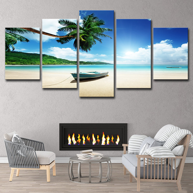 Vivolux | Schöne tropische Strand-Seestück Leinwand Wandkunst für das Wohnzimmer, Blau und Grün