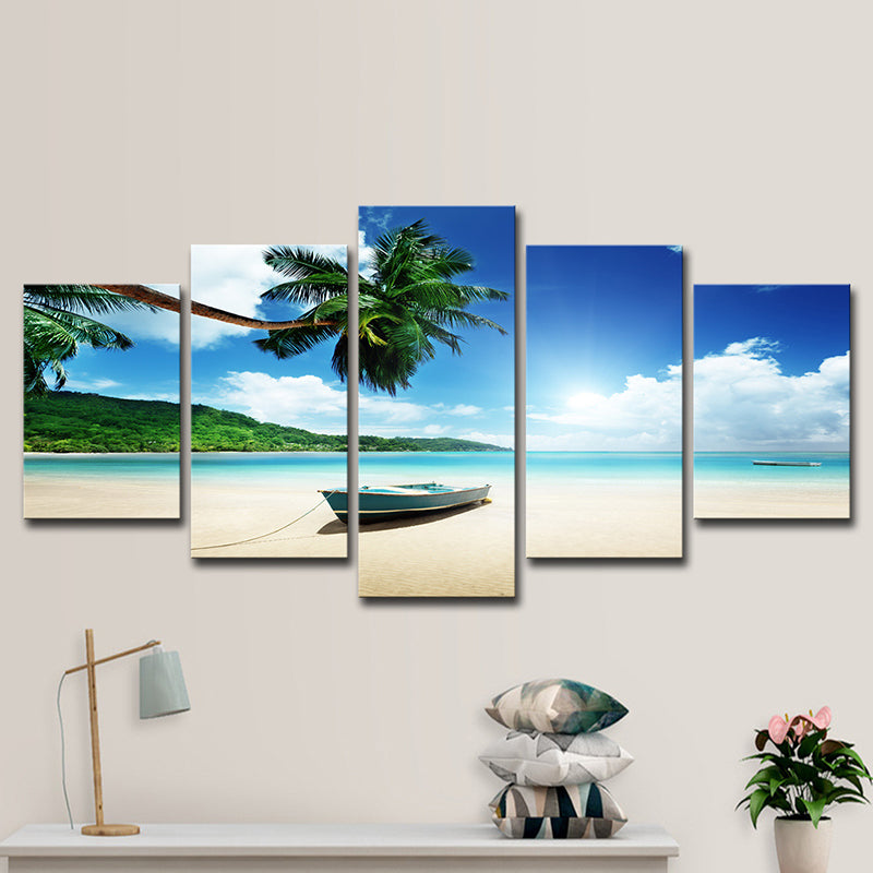Vivolux | Schöne tropische Strand-Seestück Leinwand Wandkunst für das Wohnzimmer, Blau und Grün