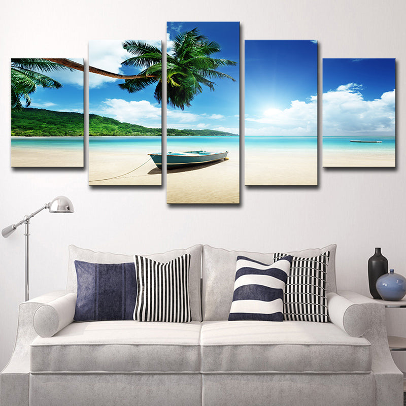 Vivolux | Schöne tropische Strand-Seestück Leinwand Wandkunst für das Wohnzimmer, Blau und Grün