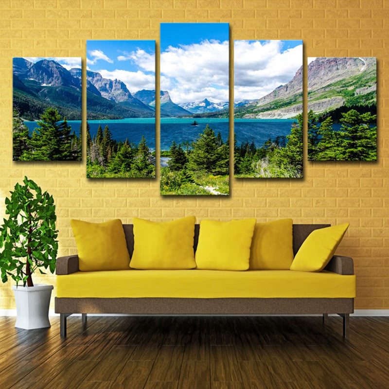 Vivolux | St Mary Lake Scenery Canvas Kunst Moderne Meerdere Stukken Familie Kamer Muurdecor in Hemelsblauw