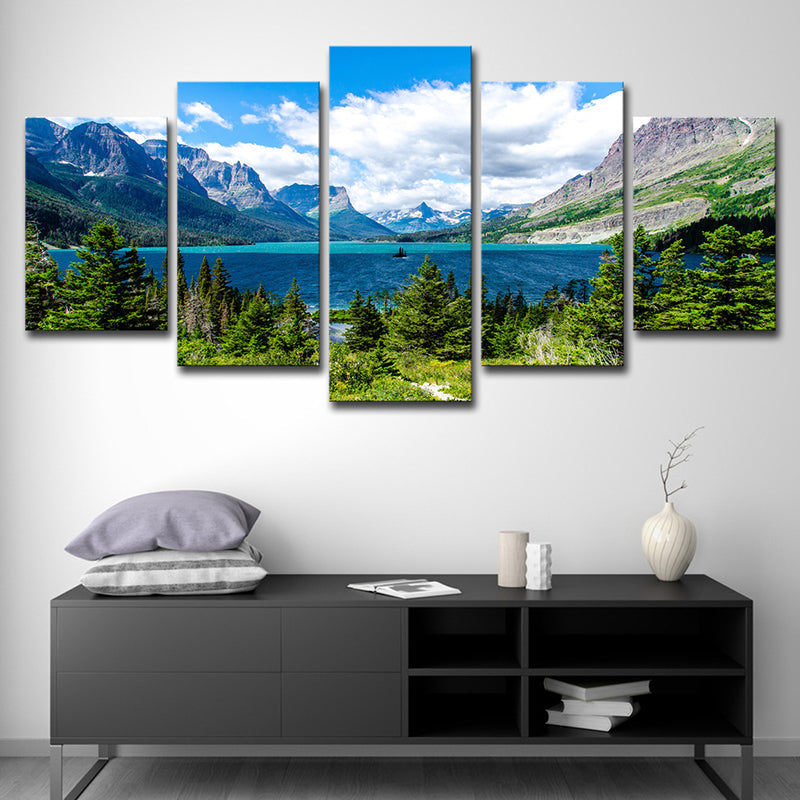 Vivolux | St Mary Lake Scenery Canvas Kunst Moderne Meerdere Stukken Familie Kamer Muurdecor in Hemelsblauw