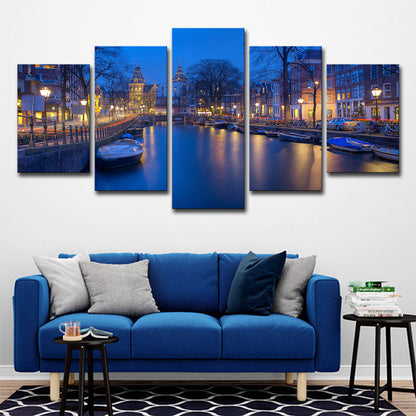Vivolux | Amsterdam Grachten Muur Dekor voor Thuis Nachtzicht Canvas Print in Blauw, Meerdere Stukken