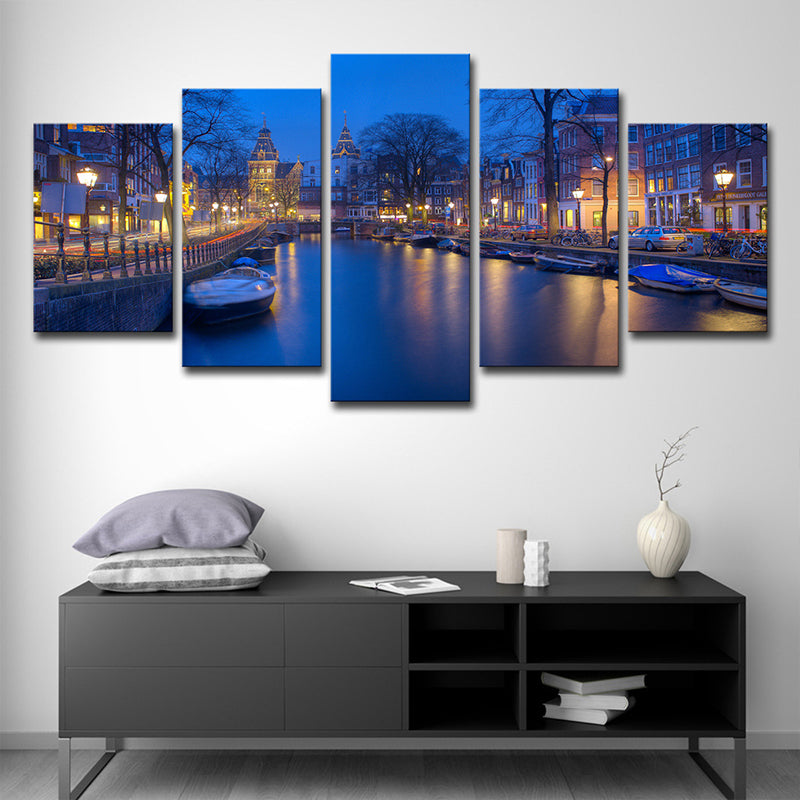 Vivolux | Amsterdam Grachten Muur Dekor voor Thuis Nachtzicht Canvas Print in Blauw, Meerdere Stukken