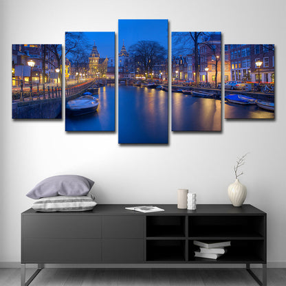 Vivolux | Amsterdam Grachten Muur Dekor voor Thuis Nachtzicht Canvas Print in Blauw, Meerdere Stukken