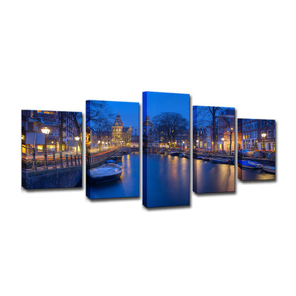 Vivolux | Amsterdam Grachten Muur Dekor voor Thuis Nachtzicht Canvas Print in Blauw, Meerdere Stukken