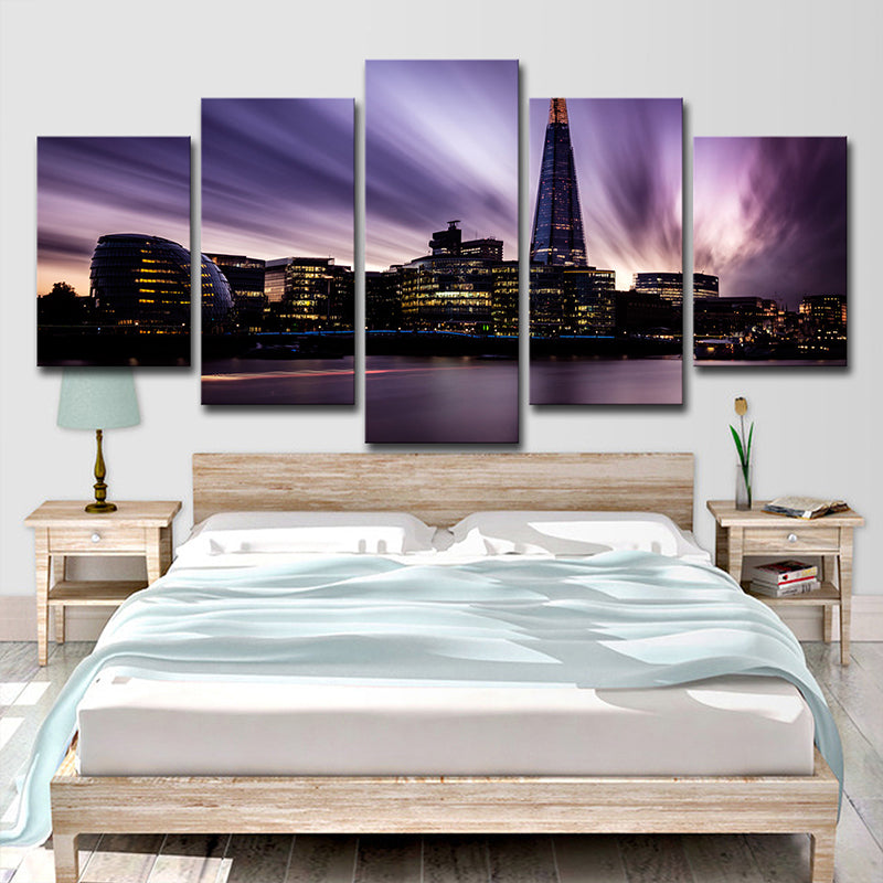 Vivolux | Canvas Paarse Wandkunst Wereld geïnspireerd Rivier de Thames 's Nachts Wanddecoratie voor Slaapkamer