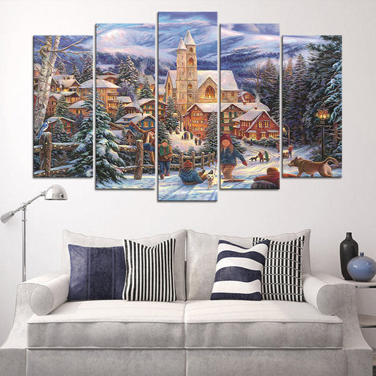Vivolux | Winterdorf Landschaft Wandkunst Blau und Braun Nordische Leinwanddruck für Zuhause, Mehrteilig