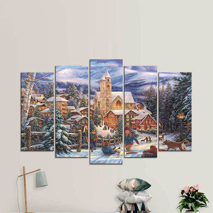 Vivolux | Winterdorf Landschaft Wandkunst Blau und Braun Nordische Leinwanddruck für Zuhause, Mehrteilig