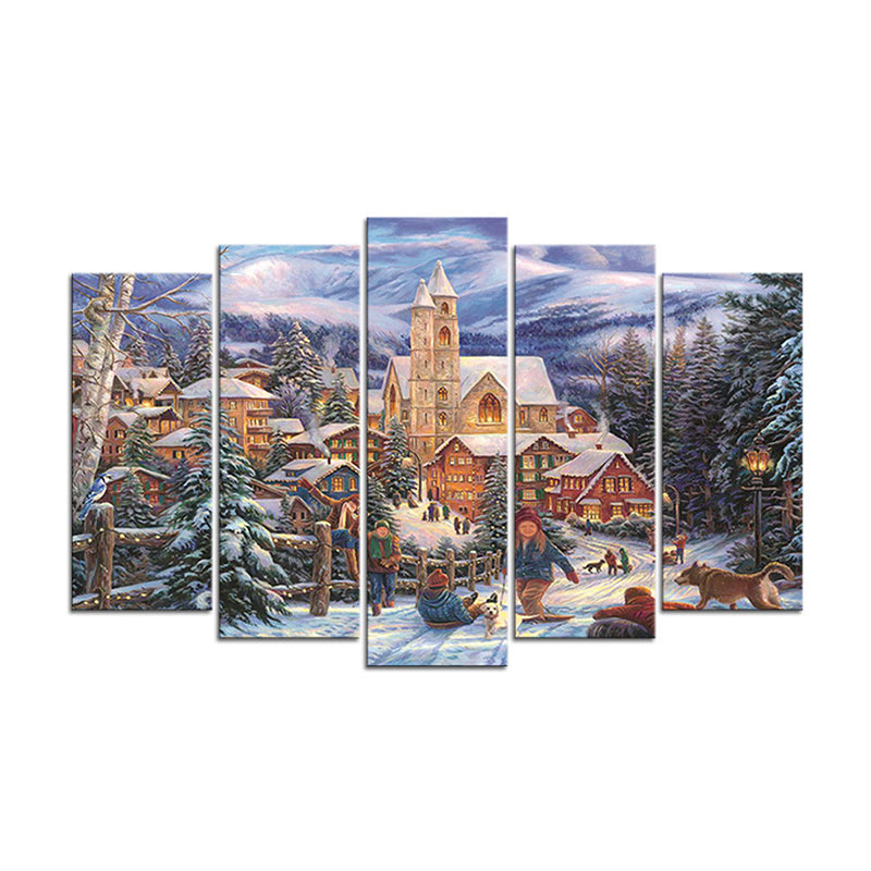 Vivolux | Winterdorf Landschaft Wandkunst Blau und Braun Nordische Leinwanddruck für Zuhause, Mehrteilig