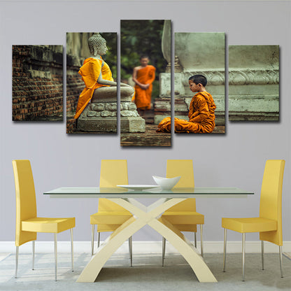 Vivolux | Buddhist Boy Mediterende Canvas Print Geel Hedendaagse Wanddecoratie für Esszimmer