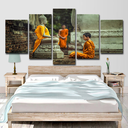 Vivolux | Buddhist Boy Mediterende Canvas Print Geel Hedendaagse Wanddecoratie für Esszimmer