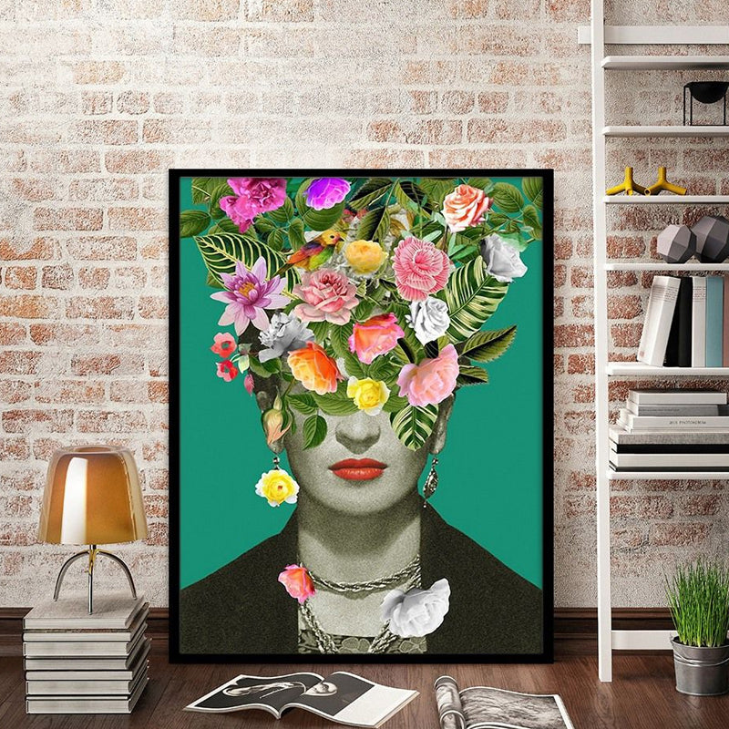 Vivolux | Grüne Bohemian Stil Leinwand Frau mit Blumenkranz Wandkunst für das Wohnzimmer